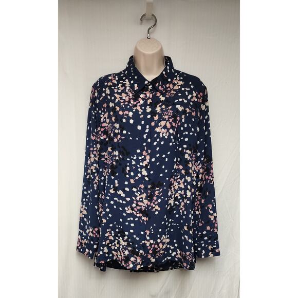 Investments Button Down Long Sleeve Multi-Blue Flowy Lo-Hi Tunic Blouse Size L - Picture 2 of 7